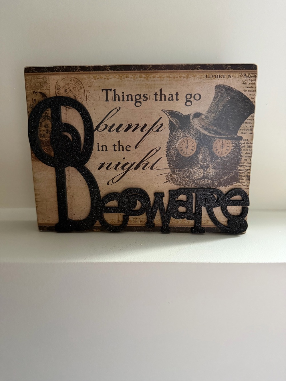 Vintage-Inspired 'Beware' Night Cat Wall Accent - Black and Cream